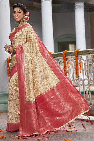 Cream & Pink Banarasi Silk Saree With Blouse Piece