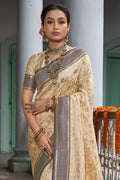 Cream & Blue Banarasi Silk Saree With Blouse Piece