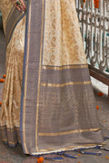 Cream & Blue Banarasi Silk Saree With Blouse Piece