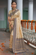 Cream & Blue Banarasi Silk Saree With Blouse Piece