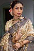 Cream & Blue Banarasi Silk Saree With Blouse Piece