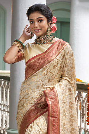 Cream & Maroon Banarasi Silk Saree With Blouse