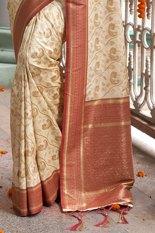 Cream & Maroon Banarasi Silk Saree With Blouse