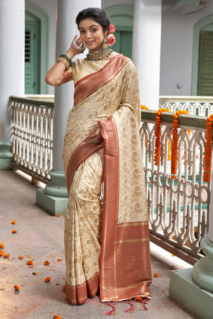 Cream & Maroon Banarasi Silk Saree With Blouse