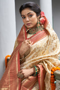 Cream & Maroon Banarasi Silk Saree With Blouse