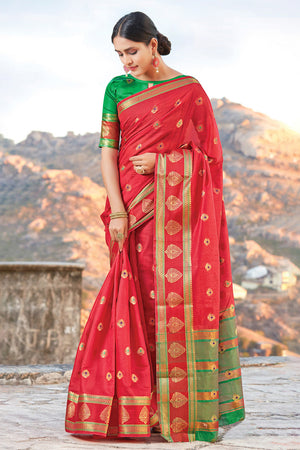 Womens Cotton Red Saree With Blouse Piece