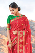 Womens Cotton Red Saree With Blouse Piece