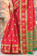 Womens Cotton Red Saree With Blouse Piece