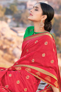 Womens Cotton Red Saree With Blouse Piece