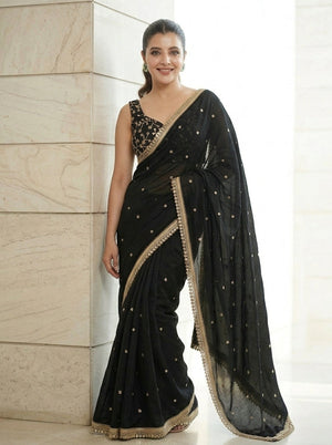 Embroidered Embellished Mirrwork Satin Saree
