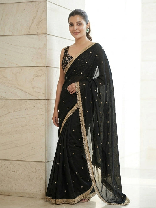 Embroidered Embellished Mirrwork Satin Saree