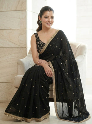 Embroidered Embellished Mirrwork Satin Saree