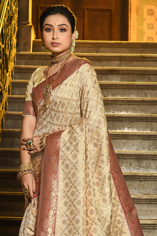 Cream & Maroon Banarasi Silk Saree With Blouse Piece