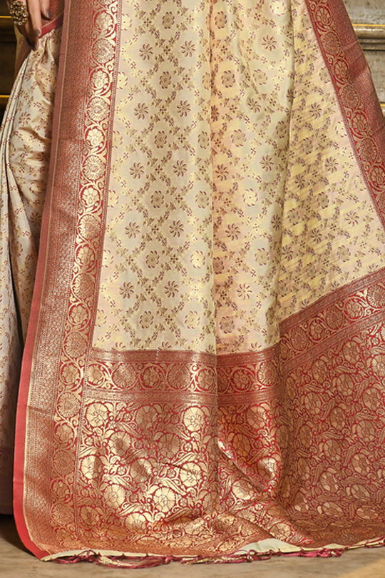 Cream & Maroon Banarasi Silk Saree With Blouse Piece