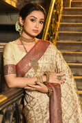 Cream & Maroon Banarasi Silk Saree With Blouse Piece