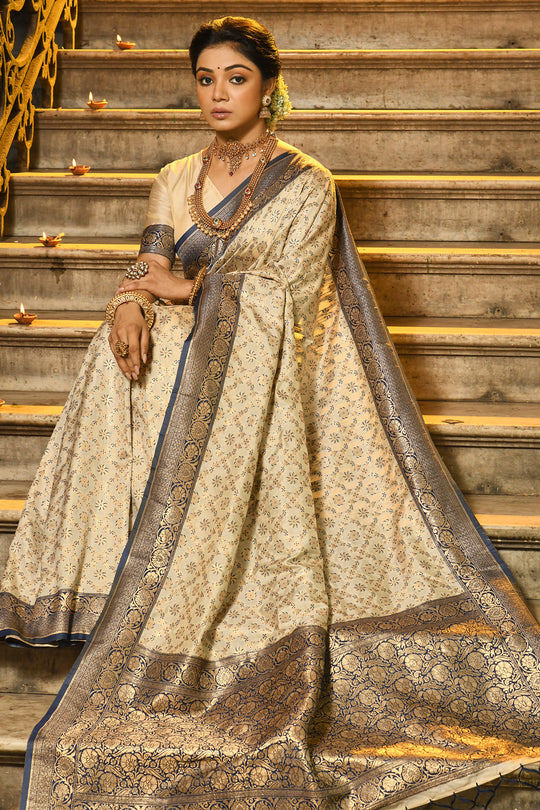 Cream & Blue Banarasi Silk Saree With Blouse Piece