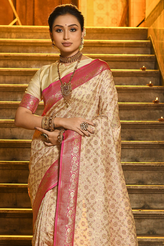 Cream & Pink Banarasi Silk Saree With Blouse Piece
