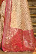 Cream & Pink Banarasi Silk Saree With Blouse Piece