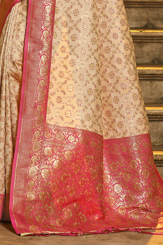 Cream & Pink Banarasi Silk Saree With Blouse Piece
