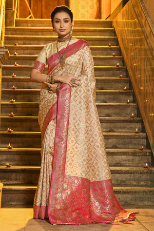 Cream & Pink Banarasi Silk Saree With Blouse Piece