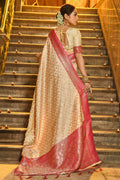 Cream & Pink Banarasi Silk Saree With Blouse Piece