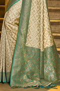 Cream & Green Banarasi Silk Saree With Blouse Piece