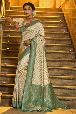 Cream & Green Banarasi Silk Saree With Blouse Piece