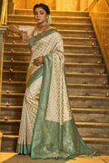 Cream & Green Banarasi Silk Saree With Blouse Piece