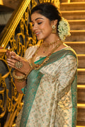 Cream & Green Banarasi Silk Saree With Blouse Piece