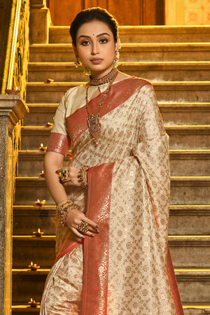 Cream & Red Banarasi Silk Saree With Blouse Piece