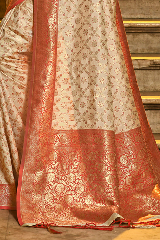 Cream & Red Banarasi Silk Saree With Blouse Piece