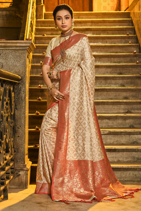 Cream & Red Banarasi Silk Saree With Blouse Piece