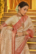 Cream & Red Banarasi Silk Saree With Blouse Piece