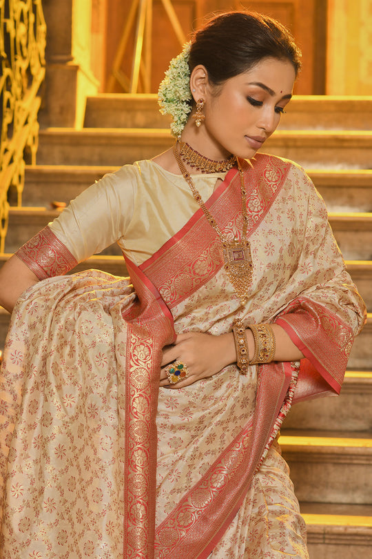 Cream & Red Banarasi Silk Saree With Blouse Piece