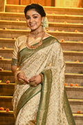 Cream & Green Banarasi Silk Saree With Blouse Piece