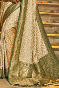 Cream & Green Banarasi Silk Saree With Blouse Piece