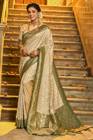 Cream & Green Banarasi Silk Saree With Blouse Piece