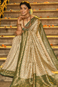 Cream & Green Banarasi Silk Saree With Blouse Piece