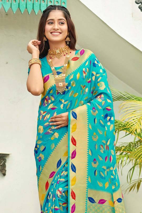 Turquoise Banarasi Silk Saree With Blouse