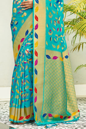 Turquoise Banarasi Silk Saree With Blouse
