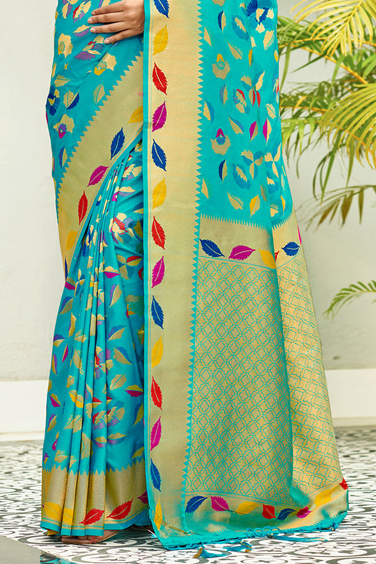 Turquoise Banarasi Silk Saree With Blouse