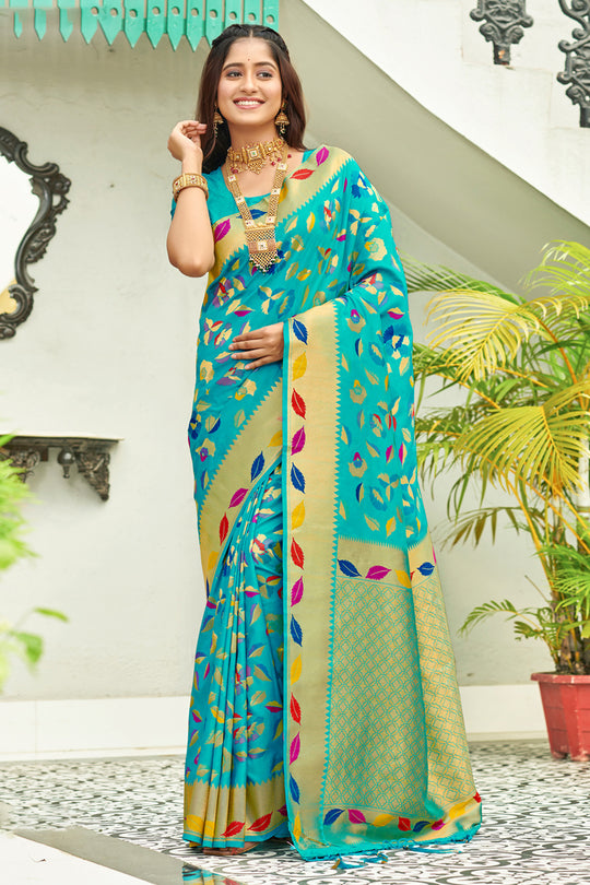 Turquoise Banarasi Silk Saree With Blouse