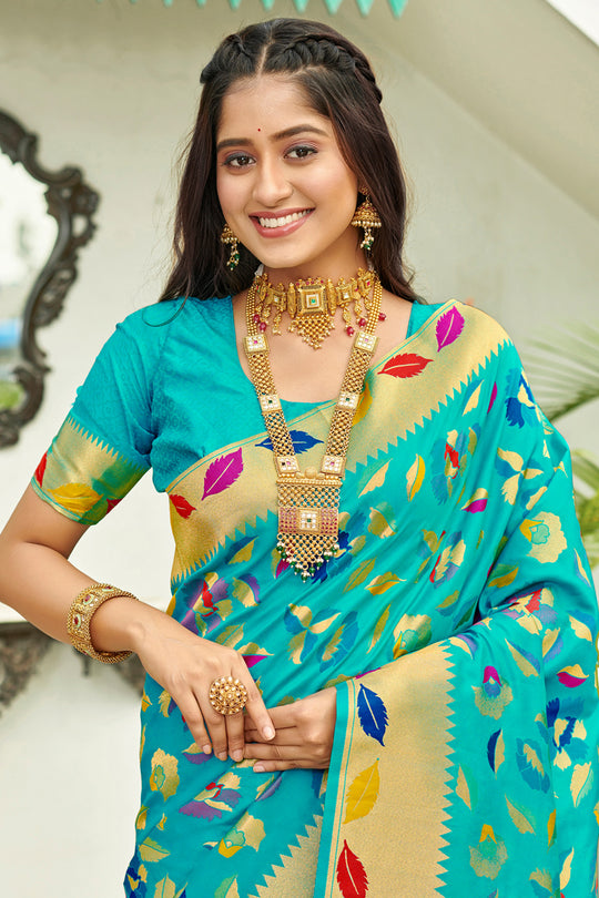 Turquoise Banarasi Silk Saree With Blouse