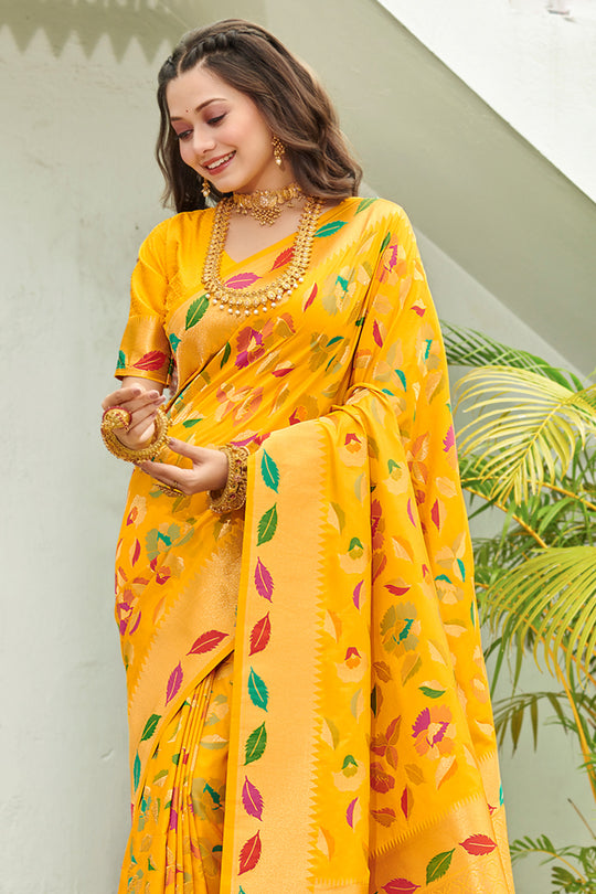 Yellow Banarasi Silk Saree With Blouse