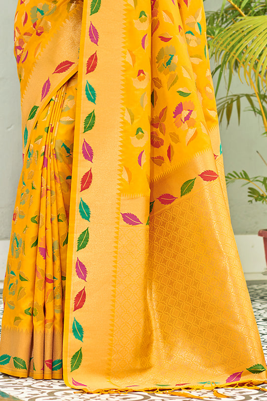 Yellow Banarasi Silk Saree With Blouse
