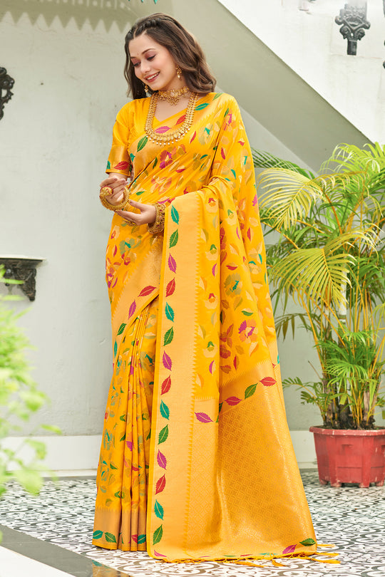 Yellow Banarasi Silk Saree With Blouse