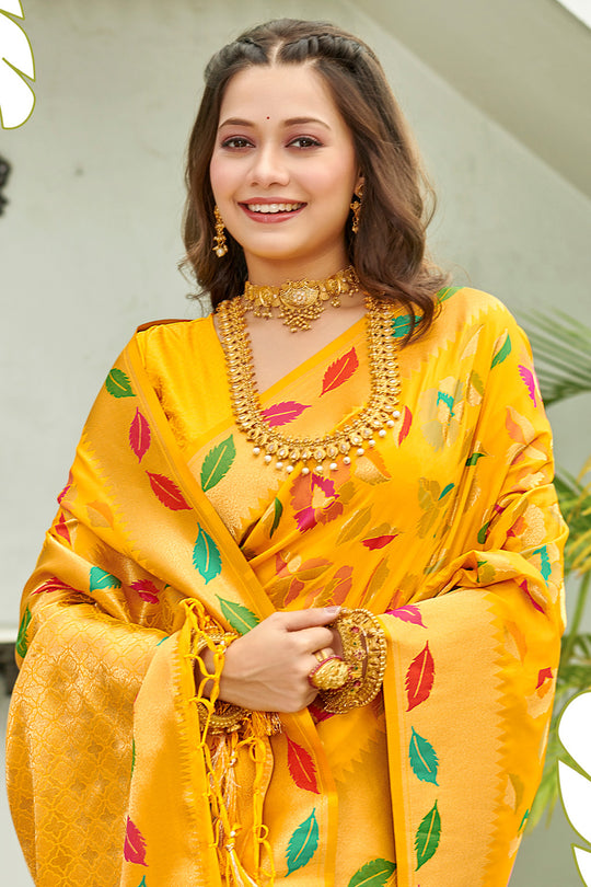 Yellow Banarasi Silk Saree With Blouse