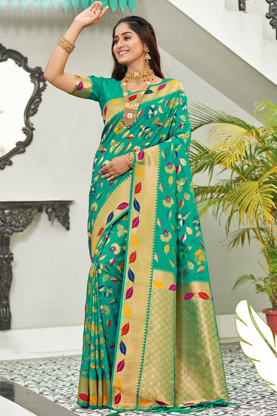 Sea Green Banarasi Silk Saree With Blouse