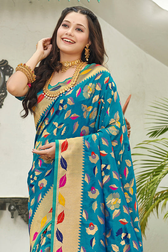 Sky Blue Banarasi Silk Saree With Blouse