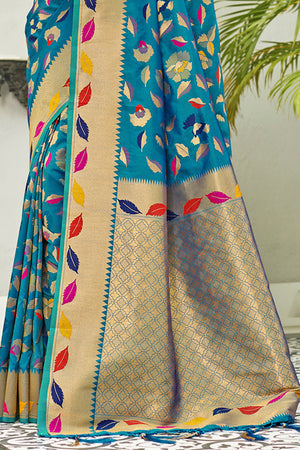 Sky Blue Banarasi Silk Saree With Blouse